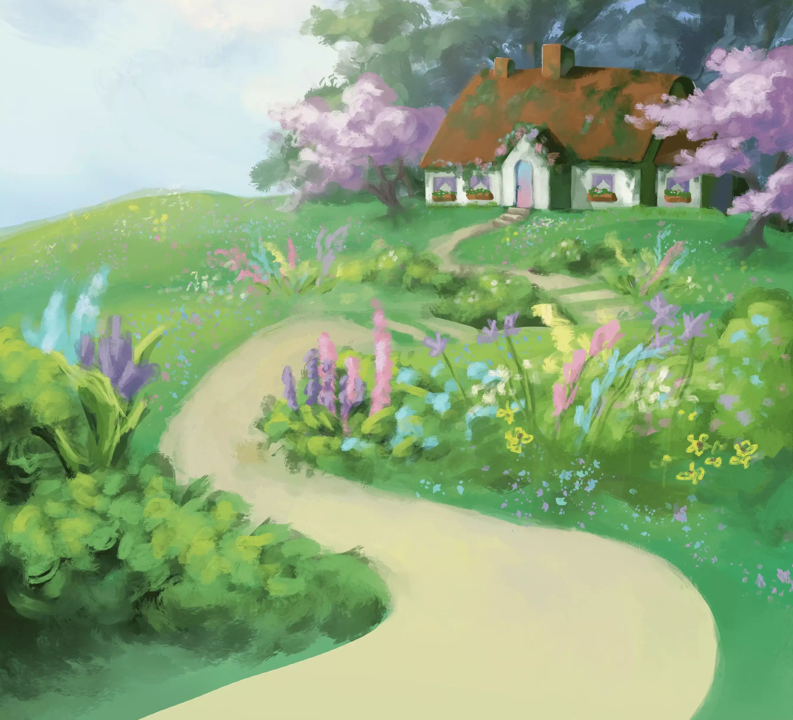 Technica 2021 Welcome Home: A cottage surrounded by a grassy field filled with pastel plants.